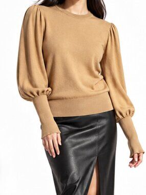 The Drop Camel Puff Shoulder Balloon Sleeve Crewneck Knit Sweater Size Small
